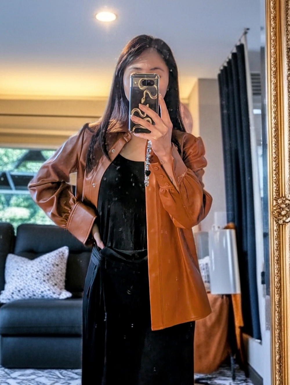 French Connection Orange Brown Leather Jacket/Shirt
